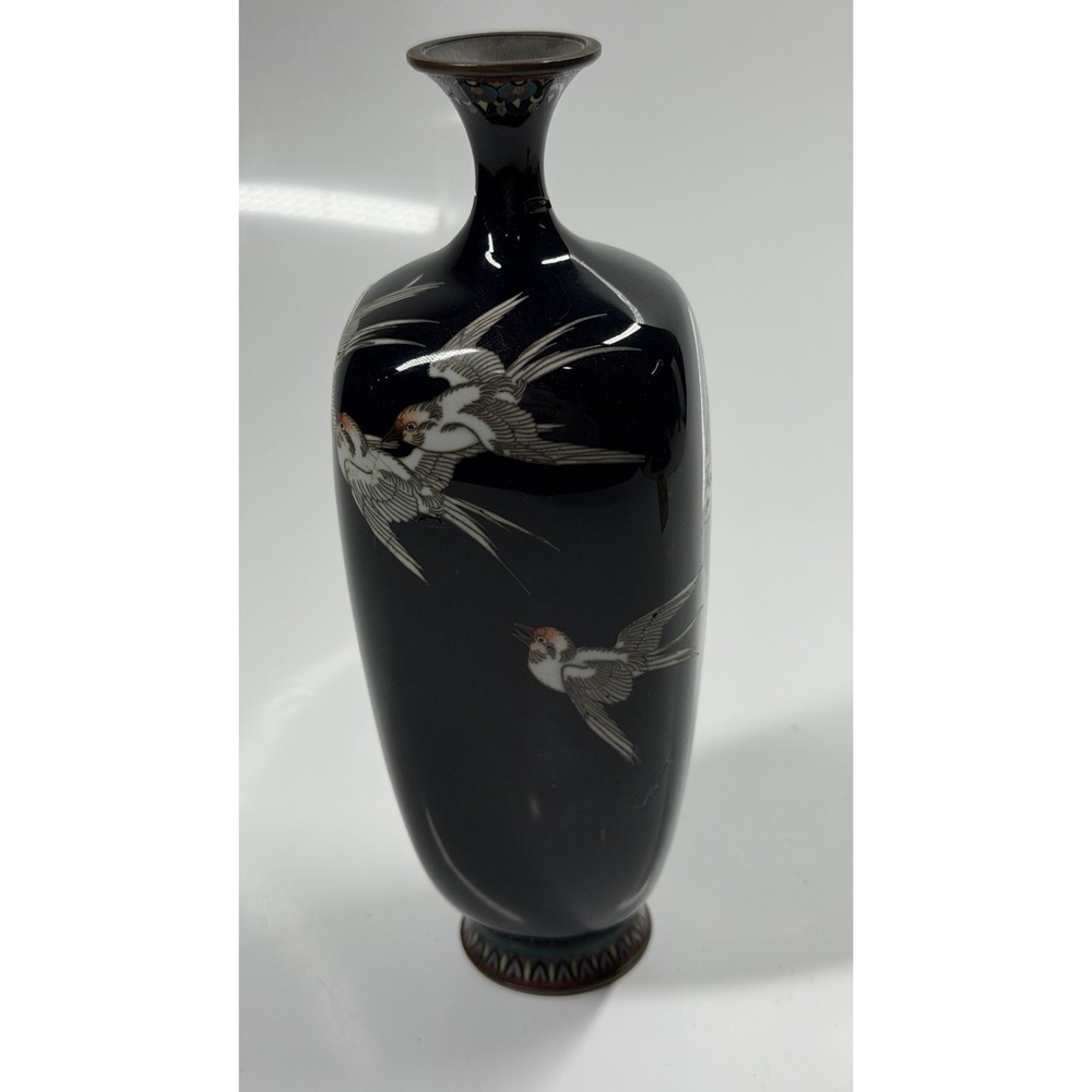 Antique Japanese Cloisonne Vase Swallows Motif Black Enamel 7.5" READ